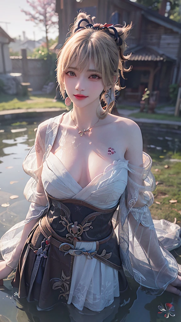 delicated best quality ,masterpiece, illustration, an extremely delicate and beautiful, extremely detailed ,CG ,unity ,8k wallpaper, Amazing, finely detail, masterpiece,best quality,official art,extremely detailed CG unity 8k wallpaper,absurdres, incredibly absurdres, huge filesize , ultra-detailed, highres, extremely detailed,beautiful detailed girl, extremely detailed eyes and face, beautiful detailed eyes,light on face,1girl, ((yoimiya/genshin impact), (Super realistic), (((blond hair))), (high ponytail), (yellow eyes), (tattoo), ((jewelry)), (slave necklace), (((describe the arm in detail))), (((Super boobs))), ((Big ass)), ((thighs)), ((Plump body)), (Big breasts), ((Plump boobs)),, (detailed description of hair), (gem earrings), ((upper body)), (Bare shoulder), ((collarbone)), ((offshoulder)), (Shiny skin), (detailed description of face), (detailed description of body), (white and translucent skin), peerless beauty, (extreme beauty), (red lips), (shy ), ( smile), ((facing the viewer)), ((facing)), ((cherry blossom)), (falling petal), ((bathrobe)), ((long sleeves)), ((wide sleeves)), water, ((the scene is water)), the water surface is reflective, (any pose), (((soaked))), ((girl submerged in water)), ((There is a lot of water on the body))