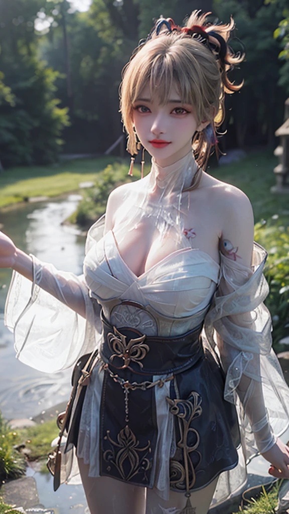 delicated best quality ,masterpiece, illustration, an extremely delicate and beautiful, extremely detailed ,CG ,unity ,8k wallpaper, Amazing, finely detail, masterpiece,best quality,official art,extremely detailed CG unity 8k wallpaper,absurdres, incredibly absurdres, huge filesize , ultra-detailed, highres, extremely detailed,beautiful detailed girl, extremely detailed eyes and face, beautiful detailed eyes,light on face,1girl, ((yoimiya/genshin impact), (Super realistic), (((blond hair))), (high ponytail), (yellow eyes), (tattoo), ((jewelry)), (slave necklace), (((describe the arm in detail))), (((Super boobs))), ((Big ass)), ((thighs)), ((Plump body)), (Big breasts), ((Plump boobs)),, (detailed description of hair), (gem earrings), ((upper body)), (Bare shoulder), ((collarbone)), ((offshoulder)), (Shiny skin), (detailed description of face), (detailed description of body), (white and translucent skin), peerless beauty, (extreme beauty), (red lips), (shy ), ( smile), ((facing the viewer)), ((facing)), ((cherry blossom)), (falling petal), ((bathrobe)), ((long sleeves)), ((wide sleeves)), water, ((the scene is water)), the water surface is reflective, (any pose), (((soaked))), ((girl submerged in water)), ((There is a lot of water on the body))