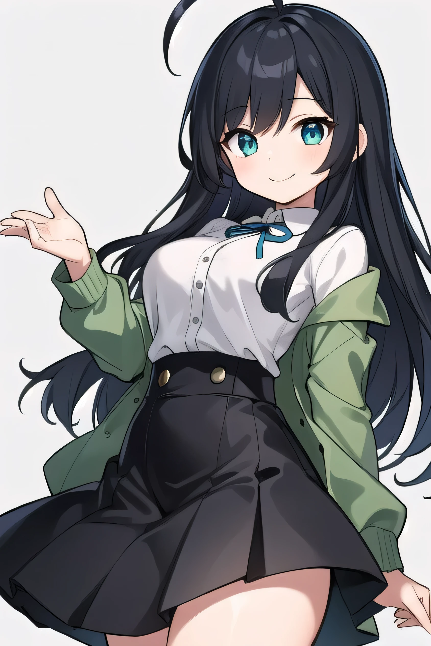 Junior high school student who looks like an elementary school student, 14 years old, very short, 140 cm tall, black hair with a slight green tinge, short ahoge, beautiful long hair but with a little hair sticking out, beautiful round eyes, blue eyes, smile, boyish, long sleeves, Thick clothes, skirt, big breasts, hair longer than waist, long hair, childish face, gentle smile, a little shy, black skirt, black hair with a slight green tinge, boyish, gentle smile, jacket one size larger, ( Deep greenish black hair: 1.2)