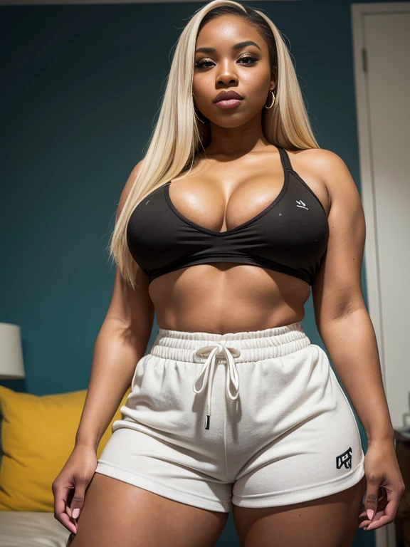 photo of one voluptuous smug female rapper, one black woman, grabbing her breasts, one white woman, blonde straight hair, short black hair, big natural breasts, smirking face, wearing a lounge clothes, wearing men's boxers, colorful clothing, wearing comfortable shorts, detailed apartment background, close up, [detailed texture], [cinematic lighting]

