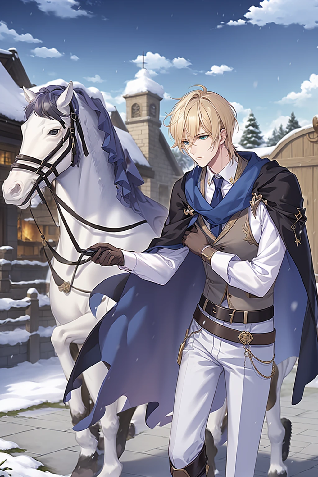 individual,Looking at the audience,blue eyes,blond,Gloves,boy,Green Eyes,Standing,Male focus,boots,outdoor,sky空,sky,belt,Pants,cloud,cloak,tie,Chain,snow,白Pants,horse,8K,HDR,high resolution,(masterpiece:1.3),(Best quality:1.2),high quality,High Detail,blurred background,