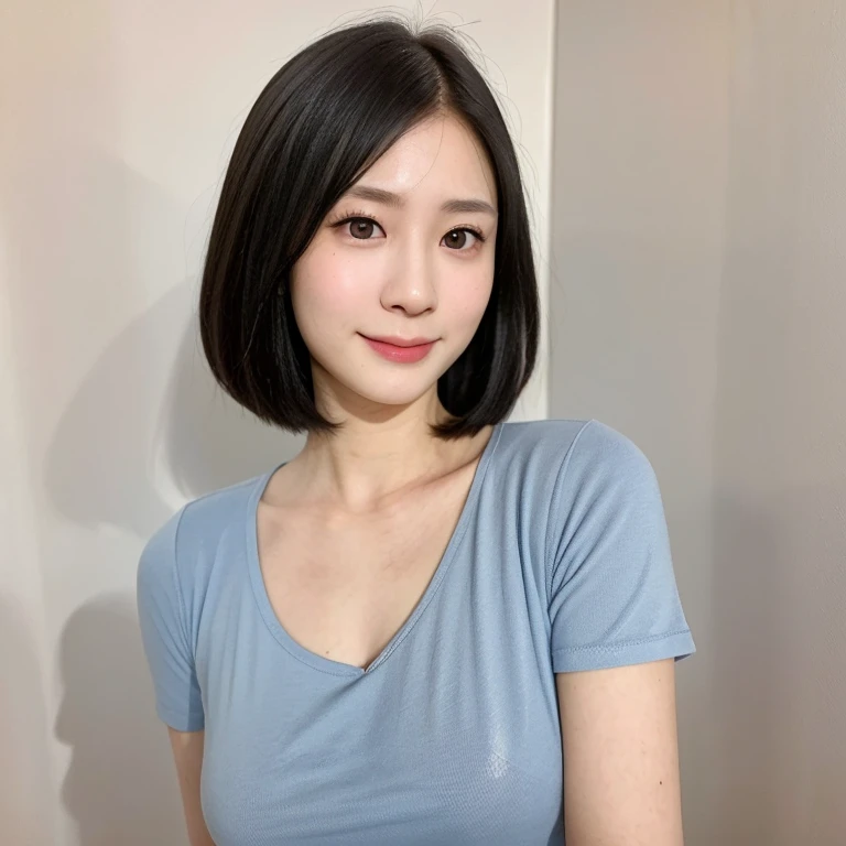 (kawaii 24 year-old Japanese girl, Nogizaka idol, Korean idol), (glossy black hair, messy very short hair, messy pixie cut, symmetric hair length, even length hair edges:1.3), (bangs), (extra rounded face, black eyes, single eyelid, no makeup, soft smiling:1.2), (wearing sky blue t-shirt:1.3), (flat chest, extra small breasts:0.8), (looking at viewer:1.2), BREAK, (simple white background:1.3), (dynamic angle:1.3), BREAK, (masterpiece, best quality, photo realistic, official art:1.4), (UHD, 8K quality wallpaper, high resolution, raw photo, golden ratio:1.2), (shiny skin), professional lighting, physically based rendering, award winning, (perfect anatomy, highly detailed skin, extremely detailed face and eyes), Carl Zeiss 300 mm F/2.8, depth of field, 1girl, solo,