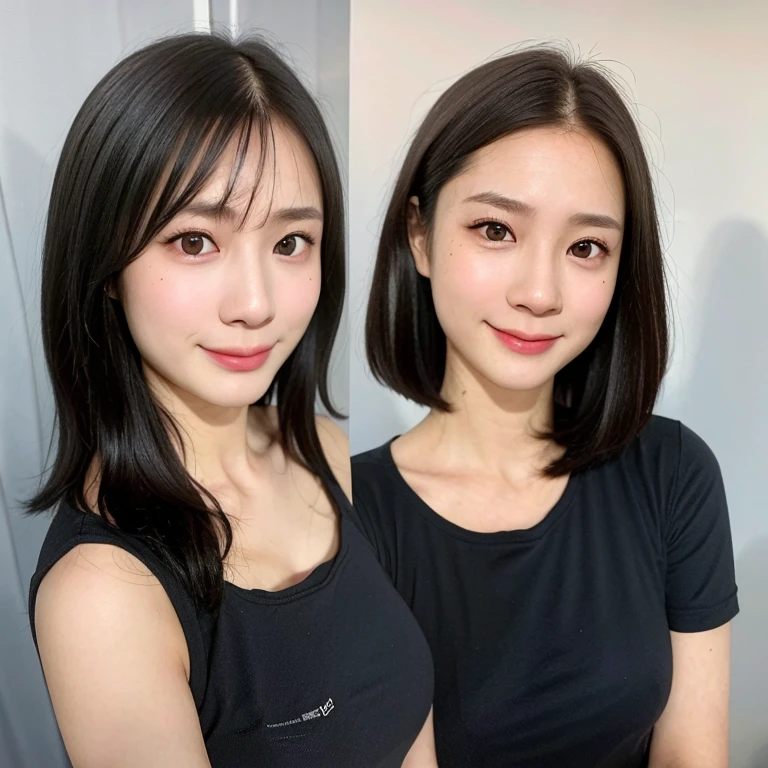 (kawaii 24 year-old Japanese girl, Nogizaka idol, Korean idol), (glossy black hair, messy very short hair, messy pixie cut, symmetric hair length, even length hair edges:1.3), (bangs), (extra rounded face, black eyes, single eyelid, no makeup, soft smiling:1.2), (wearing sky blue t-shirt:1.3), (flat chest, extra small breasts:0.8), (looking at viewer:1.2), BREAK, (simple white background:1.3), (dynamic angle:1.3), BREAK, (masterpiece, best quality, photo realistic, official art:1.4), (UHD, 8K quality wallpaper, high resolution, raw photo, golden ratio:1.2), (shiny skin), professional lighting, physically based rendering, award winning, (perfect anatomy, highly detailed skin, extremely detailed face and eyes), Carl Zeiss 300 mm F/2.8, depth of field, 1girl, solo,