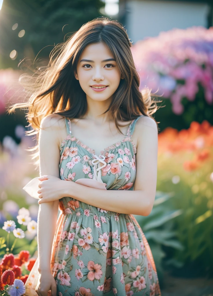 のbeautiful girl、Japanese、Highest quality、Realistic、16K、Young face、long hair、My hair blows in the wind and gets messy、slim、beautiful girl、8K、Best image quality、masterpiece、19 year old female、Dolphin's Back 19 years old, dusk light, Wedding dress, corolla, (((Tokugawaen)), hydrangea fore Bokeh, Bokeh, photoRealistic, Surrounded by hydrangeas, dark background, smile, (One Girl), (sunset: 1.3), (8k, Raw photo, highest quality, masterpiece: 1.2), (Realistic, Photorealism: 1.37), highest quality, Ultra-high resolution, (focal plane: 1.8), ( Portraiture: 1.7), (intense:1.1), (detailed:1.1), (highest quality), (analog:1.2), (high sharp), Canon EOS R Photo, (Summer Dresses:1.4), (stand in a flower field:1.3), (Vivid and colorful:1.3).panoramic、smile、Taken from a distance