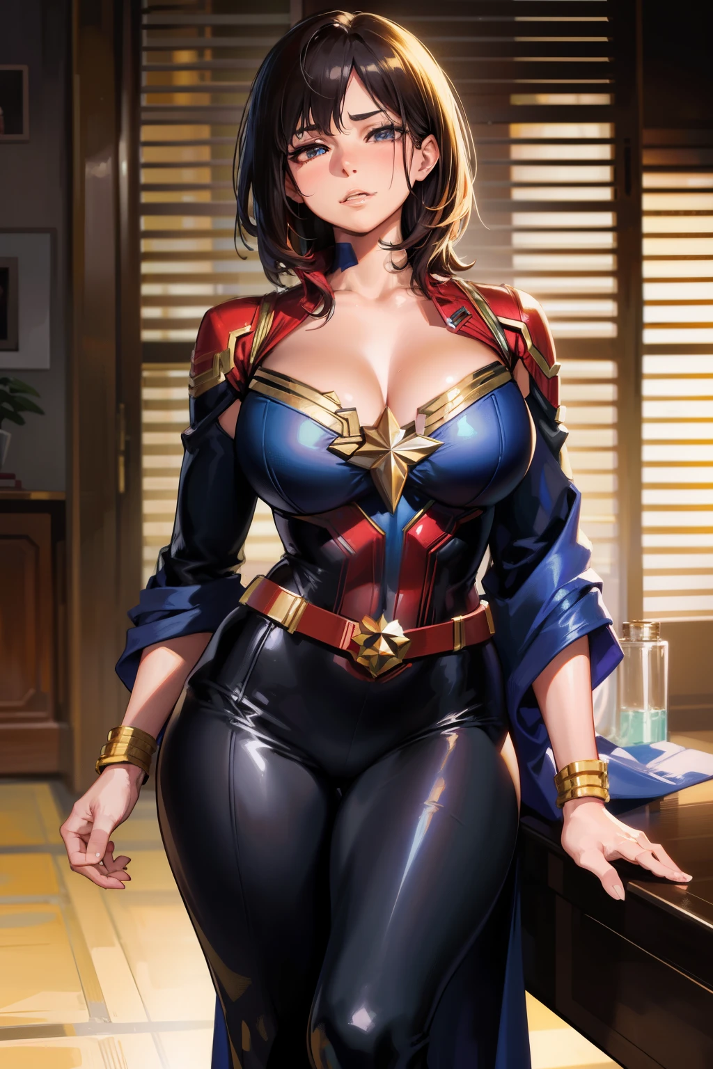 Captain marvel ， （tmasterpiece： 1.3），Beautiful mature woman， detailed finger， beautiful hand， hyper realisitc （Sagging breasts， Bewitching body： 1.2） brunette color hair： 1.1， Super detailed face， Detailed lips， Detailed eyes， double eyelid， Sexy low-cut neckline kimono， Open neckline， Sagging chest， Side posture， visible curves，full body1:1 illustrated