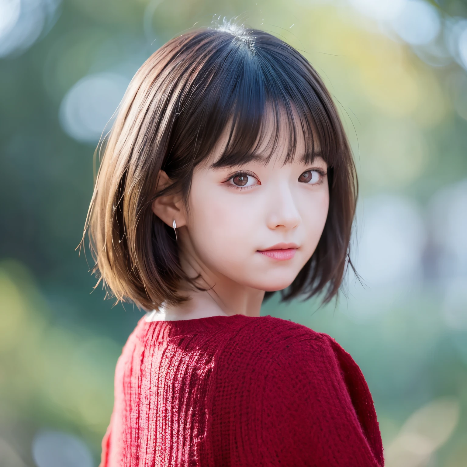 Draw a girl with short white hair, red eyes and no expression