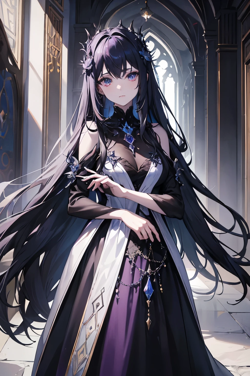 1girl, otherworldly envoy, long obsidian hair with streaks of cosmic violet, eyes like abyssal pools reflecting nebulous horrors, skin pale as if illuminated by starlight, clad in an ethereal gown that whispers of ancient and forbidden knowledge, adorned with amorphous ornaments that defy earthly geometry, standing in the heart of a derelict cathedral, its architecture a blend of gothic and incomprehensibly alien designs, an ambient glow of eldritch energy suffusing the air with a spectral chill, artwork capturing the haunting beauty of her presence, a visual ode to the ineffable, with meticulous detailing, tonemapping that accentuates the uncanny dichotomy of light and darkness, sharp focus giving life to the indescribable and the eerie.