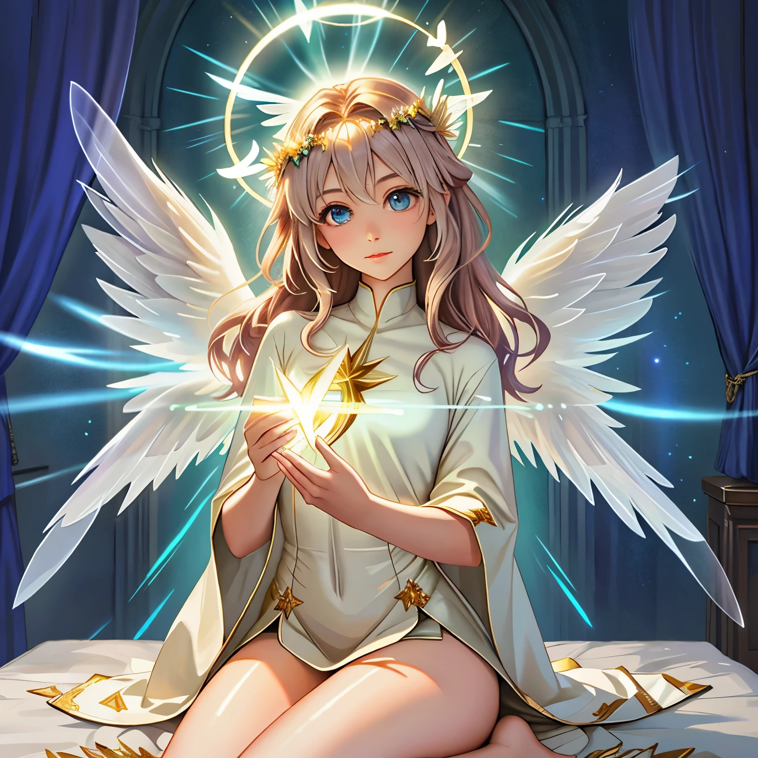 a picture of a glowing angel with a halo on its head, digital art by Eugeniusz Zak, flickr, digital art, glowing angelic being, ethereal angelic being of light, wings made of light, angelic light, beautiful gothic xray angel, glowing holy aura, white glowing aura, tron angel, angel spirit guide, ethereal!!!, ethereal wings