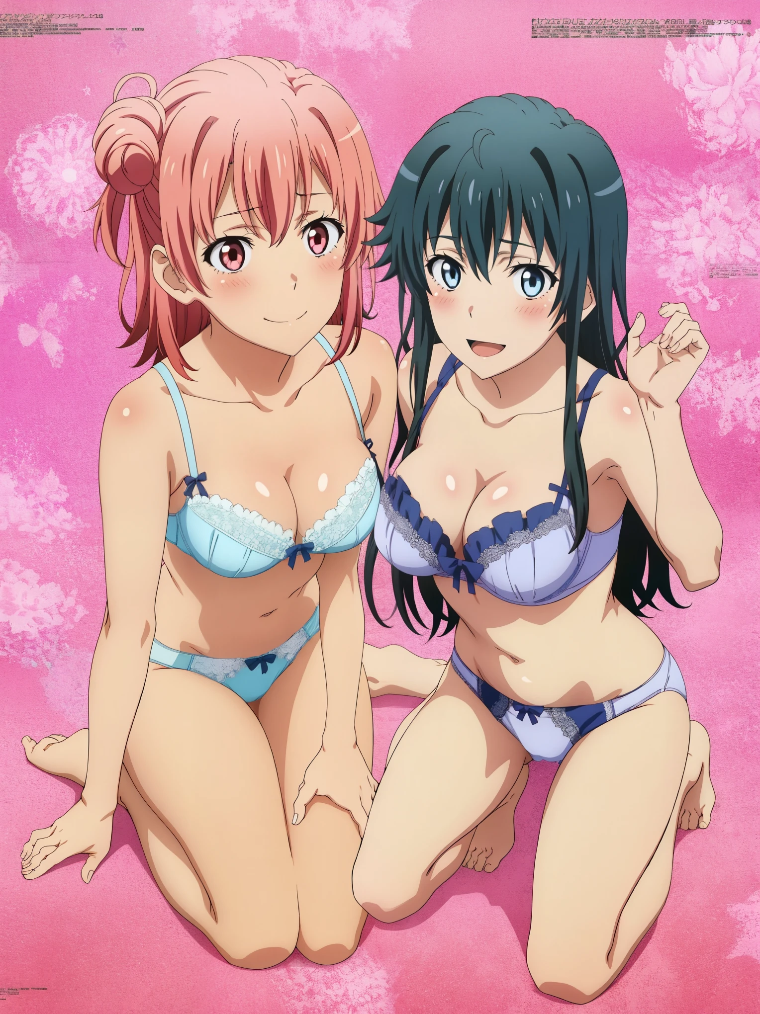 2 girls , Yukinoshita Yukino , yuigahama yui , sit, In underwear,Pink is good、Pink lace panties,Light Blue Bra,Light blue lace panties,Pussy Line,Thighs,knee calf,Sole,The body is front,High angle,Open your mouth,embarrassing smile,blush,look at the camera,megami magazine,No background,
