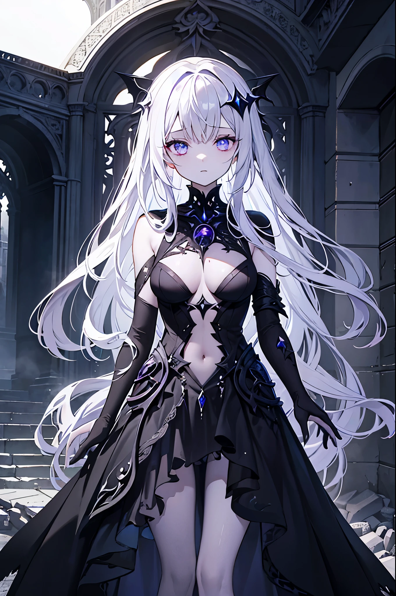 1girl, otherworldly envoy, long obsidian hair with streaks of cosmic violet, eyes like abyssal pools reflecting nebulous horrors, skin pale as if illuminated by starlight, clad in an ethereal gown that whispers of ancient and forbidden knowledge, adorned with amorphous ornaments that defy earthly geometry, standing in the heart of a derelict cathedral, its architecture a blend of gothic and incomprehensibly alien designs, an ambient glow of eldritch energy suffusing the air with a spectral chill, artwork capturing the haunting beauty of her presence, a visual ode to the ineffable, with meticulous detailing, tonemapping that accentuates the uncanny dichotomy of light and darkness, sharp focus giving life to the indescribable and the eerie.