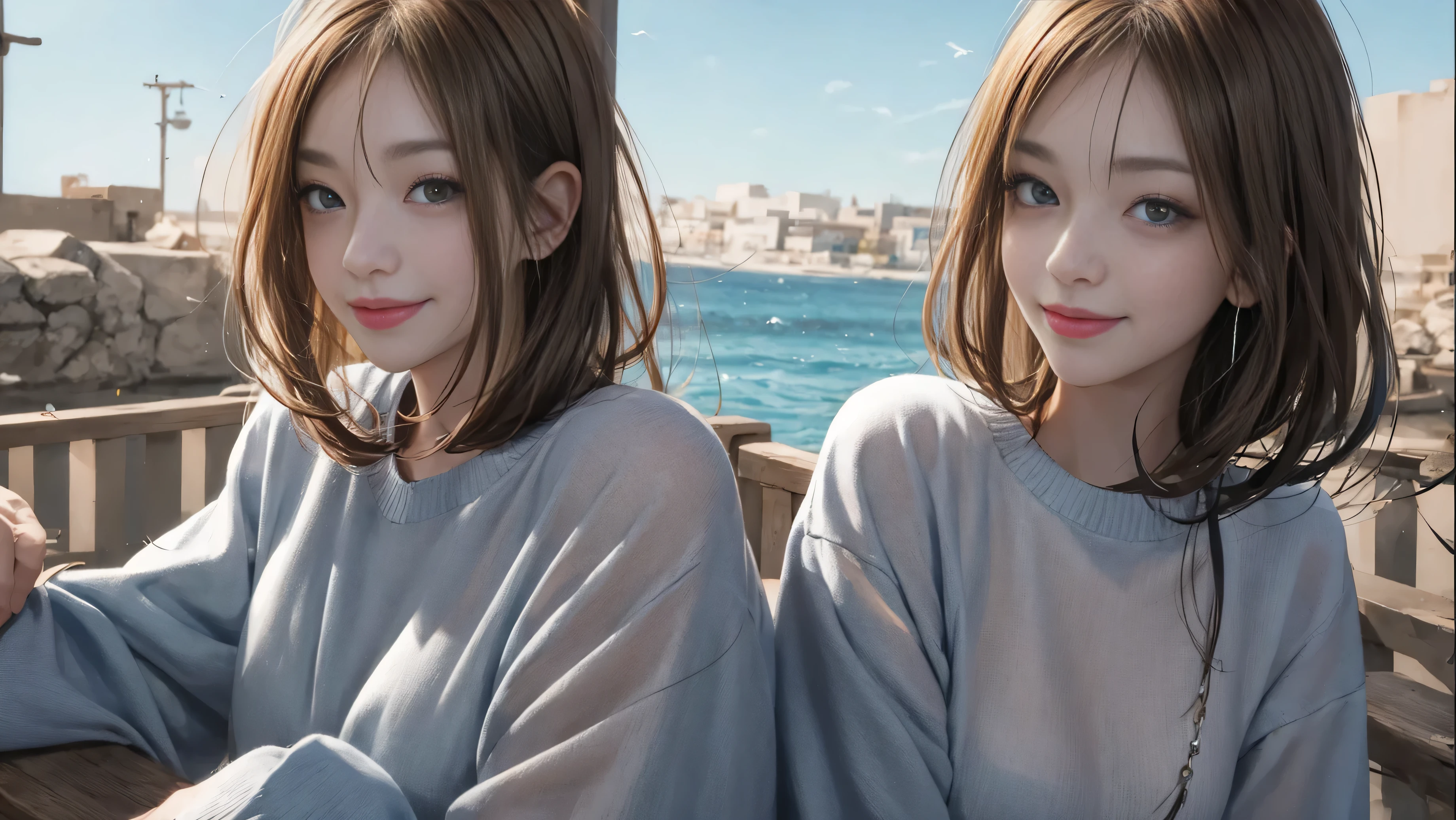 Please keep looking at me、Bright screen、light brown medium bob hair、8K、outdoor、blue sky、Upper body、Photographed alone、40 years old、smile、