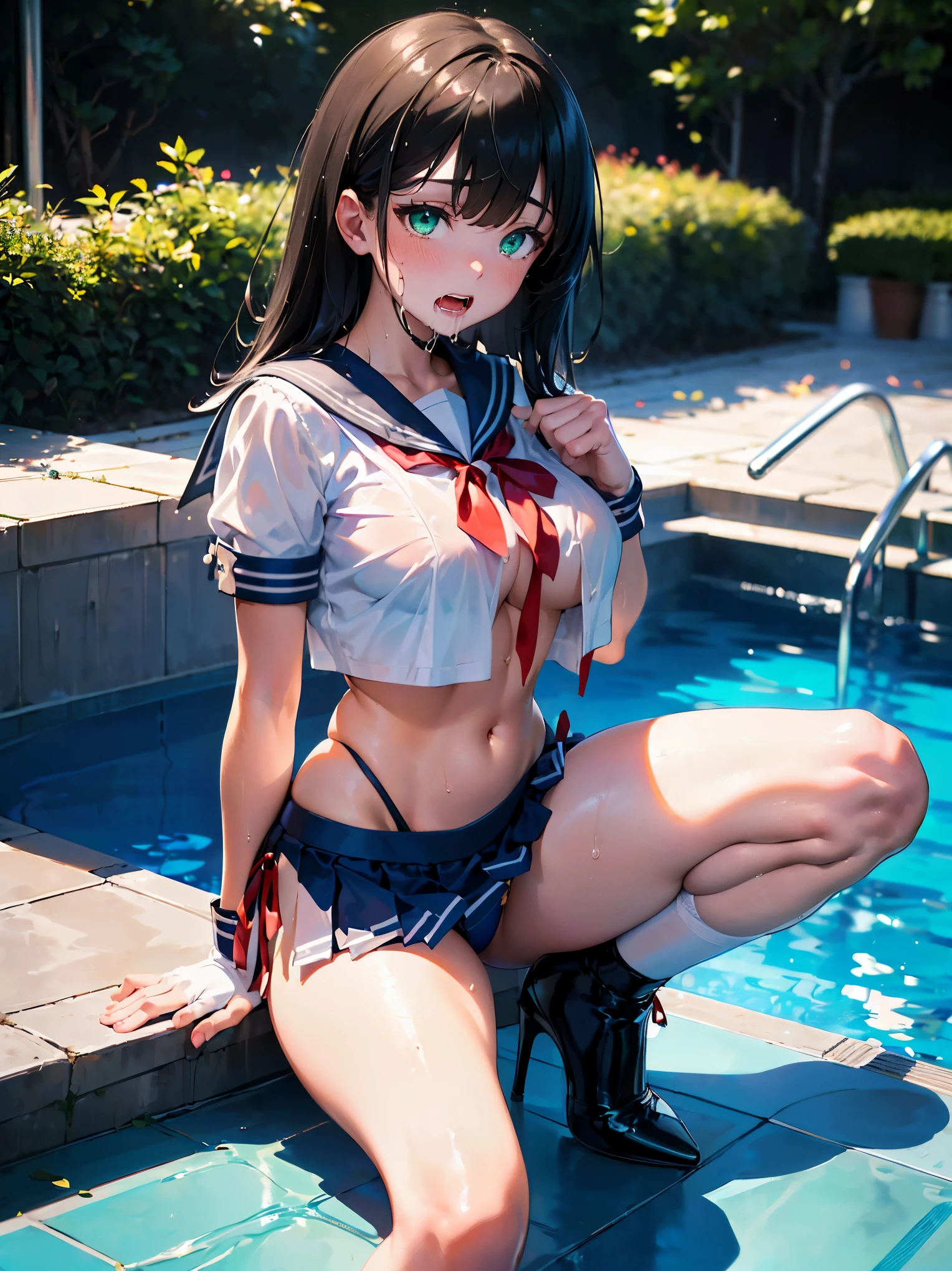 1 woman, HD quality, (ahegao:1.3), (orgasm:1.3), (drooling:1.3), steam, sheer white long thigh-high socks, sheer white satin long gloves, (glowing eyes), best ratio four finger and one thumb, (Large breasts), cleavage, (((sitting on a poolside with one knee up, open legs))), sunny, (Green eyes:1.3), (Crop Top white shirt:1.5), (Micro thong:1.5), (under boob:1.5), (Sailor uniform only for the upper body:1.5), blue sailor collar,(black high-heeled shoes:1.5), (red ribbon tie:1.3)