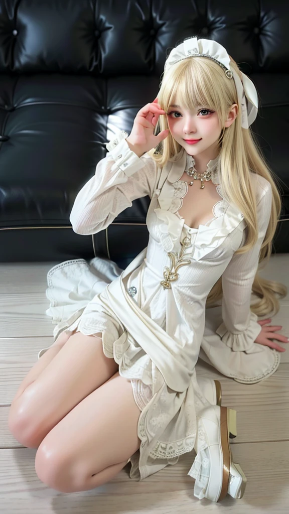 18 years old beautiful girl, big eyes, Large Breasts, tiny and cute, 8k, top quality, (Very detailed header: 1.0), (very detailed face: 1.0), (Very detailed header发: 1.0), maid uniform, Very detailed official artwork, Anime cute art style, Clean and detailed anime art, Smile, blond hair, Long smooth hair