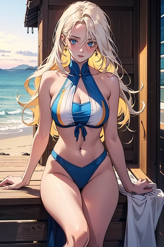Tropical beautiful beach, sunset. Sitting on the sand is a tall, large, athletic, statuesque, handsome, adult man- platinum blonde, he has tanned skin, perfect facial features, blue eyes, he has long straight white hair, he is dressed in white beach clothes, next to him sits an incredibly beautiful fatal young woman- a golden-haired blonde with blue eyes Her long golden, very thick hair is tied with a scarlet ribbon, she is dressed in a white two-piece swimsuit, she has a slender beautiful figure, a thin waist and rounded hips. They are in love with each other, they look at each other with love. They are happy. Masterpiece, perfect image, realistic pictures, detailed elaboration, full-length image, 8k, detailed image. an extremely detailed illustration, a real masterpiece of the highest quality, with careful drawing.