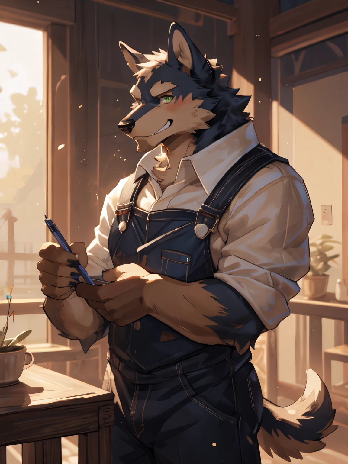 deobaed anatomy, Humanity，((White-brownChinese Pastoral Dog| White-brown | green eyes)),Chinese Pastoral Dog,(close-up),((cowboy shot)),(motion blur),first-person view,parted lips,fang,(grin),full blush,完美的green eyes,(glaring),(Holding a pen and paper),young,male,Fresh campus streets,Beast field,Muscular plump,(( Red armband on right arm,Wearing a white shirt and a green jacket with sleeves rolled up，Wearing gray-brown overalls)),bulge,(Super detailed),Sharp focus,light smile,tailed eyes，dog tail ，best qua,lity,by bebebebebe, by zackary911