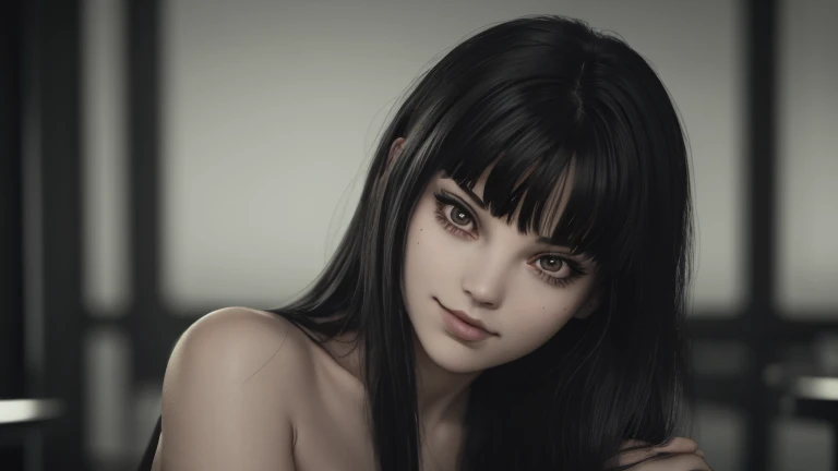 Ultra realistic, 16k, high quality, one evil naked well lit girl, succubus aesthetic, dream aesthetic, long black hair, cute bangs on the forehead, black evil eyes, bright evil eyes look, perfect nose, evil smile, pale-grey skin, grey skin, flushed cheeks, natural detailed , showing natural medium breasts, narrow waist, big hips, hot big vagina, hot sexy legs, perfect feets, creepy aesthetic, 18 years old, (beautiful natural body), professional photography of a naked woman detailed, sharp focus, dramatic, award-winning, cinematic lighting, dream aesthetic, volumetric dtx, (film grain, creepy dark school laboratory background, blurred foreground, Bokeh, depth of field, motion blur:1.3), evil cute model, 