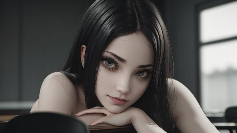 Ultra realistic, 16k, high quality, one evil naked well lit girl, succubus aesthetic, dream aesthetic, long black hair, cute bangs on the forehead, black evil eyes, bright evil eyes look, perfect nose, evil smile, pale-grey skin, grey skin, flushed cheeks, natural detailed , showing natural medium breasts, narrow waist, big hips, hot big vagina, hot sexy legs, perfect feets, creepy aesthetic, 18 years old, (beautiful natural body), professional photography of a naked woman detailed, sharp focus, dramatic, award-winning, cinematic lighting, dream aesthetic, volumetric dtx, (film grain, creepy dark school laboratory background, blurred foreground, Bokeh, depth of field, motion blur:1.3), evil cute model, 