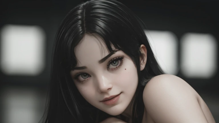 Ultra realistic, 16k, high quality, one evil naked well lit girl, succubus aesthetic, dream aesthetic, long black hair, cute bangs on the forehead, black evil eyes, bright evil eyes look, perfect nose, evil smile, pale-grey skin, grey skin, flushed cheeks, natural detailed , showing natural medium breasts, narrow waist, big hips, hot big vagina, hot sexy legs, perfect feets, creepy aesthetic, 18 years old, (beautiful natural body), professional photography of a naked woman detailed, sharp focus, dramatic, award-winning, cinematic lighting, dream aesthetic, volumetric dtx, (film grain, creepy dark school laboratory background, blurred foreground, Bokeh, depth of field, motion blur:1.3), evil cute model, 