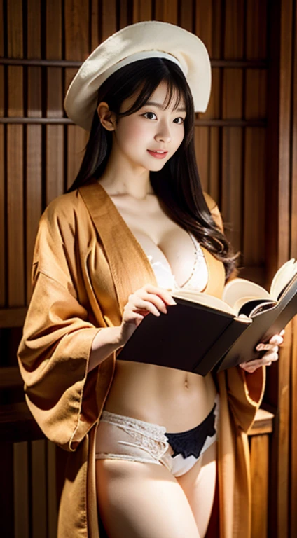 Background of the Edo period。Cute and big breasted、The hat is brown。Dressed in a robes。Open the robe、The chest is wide open、A slender girl with long black hair and her underwear showing is reading a book。