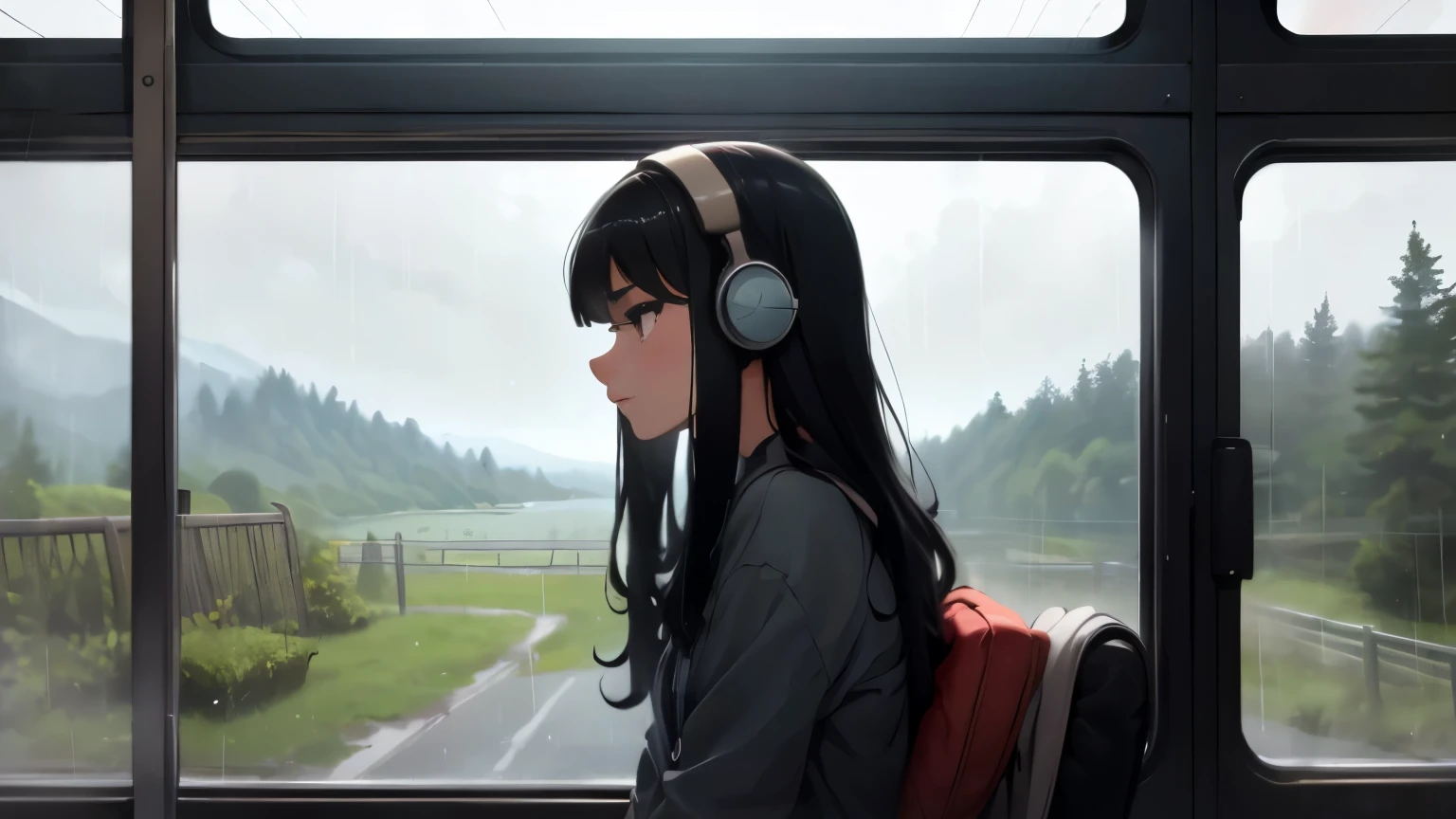 25 year old girl, listening to music in her headphones, beautiful rainy landscape outside the bus window, lofi style, ghibli style, long black hair, 4k definition, profile view, looking at the horizon, big headphones.