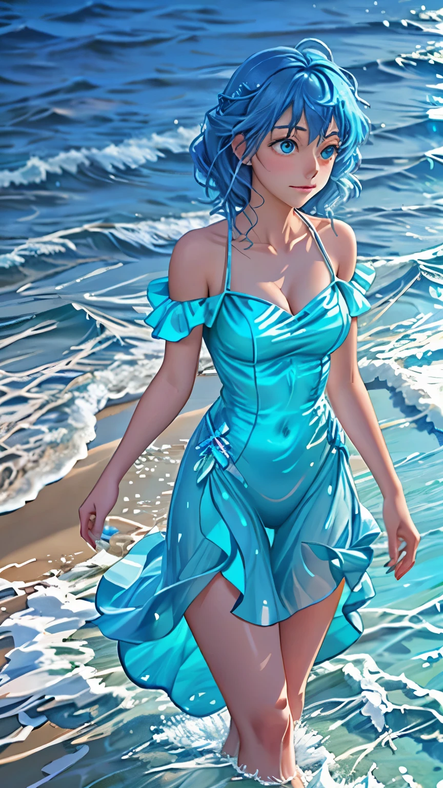 a woman walking on the beach at night with glowing waves, chalk art by Yuumei, tumblr, fantasy art, makes the sea area glowing water, luminous water elemental, glowing blue, glowing water, blue bioluminescence, with glowing blue lights, glow wave, blue lighting. fantasy, filled with bioluminescence, ocean sprites