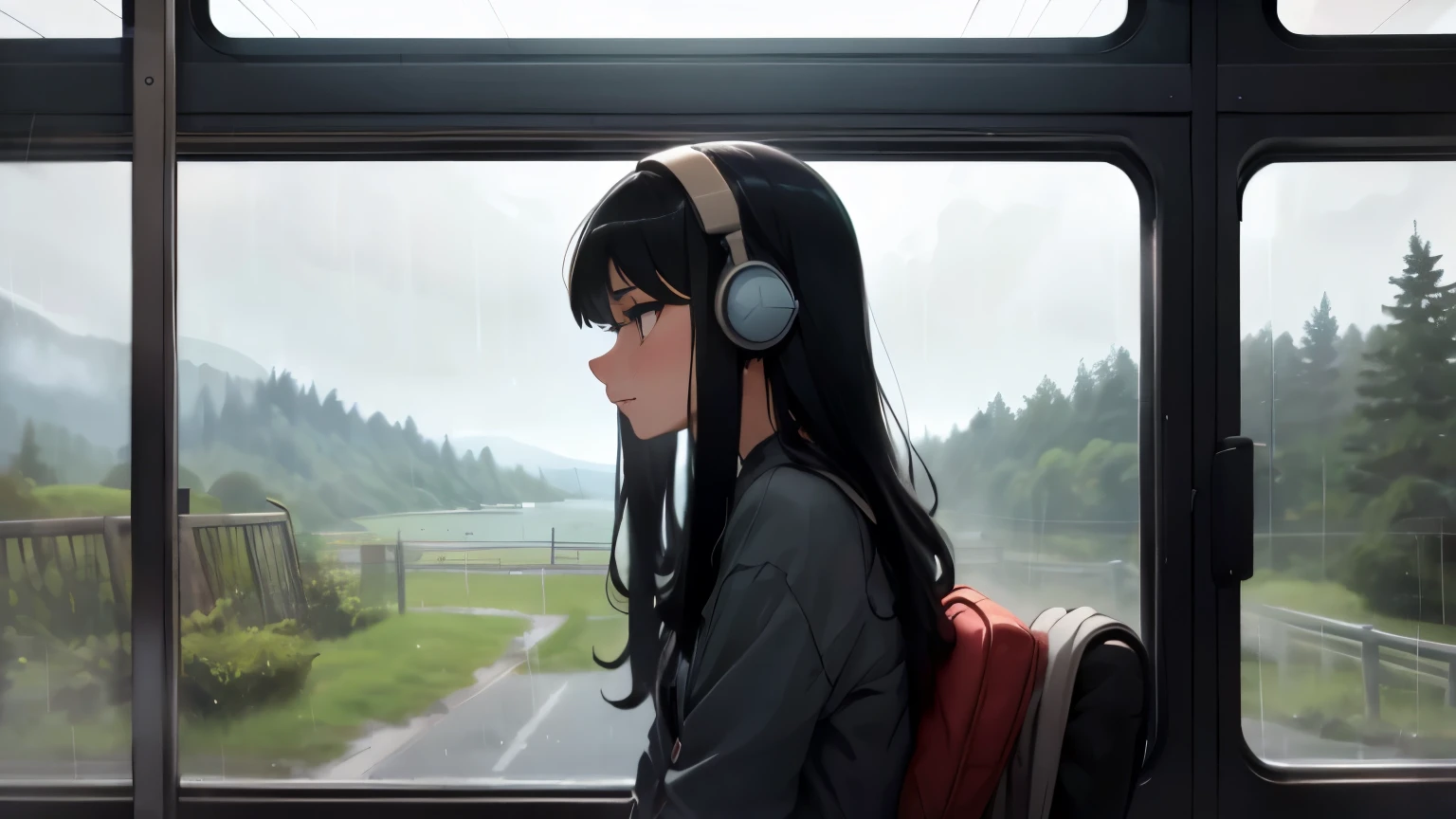 25 year old girl, listening to music in her headphones, beautiful rainy landscape outside the bus window, lofi style, ghibli style, long black hair, 4k definition, profile view, looking at the horizon, big headphones.