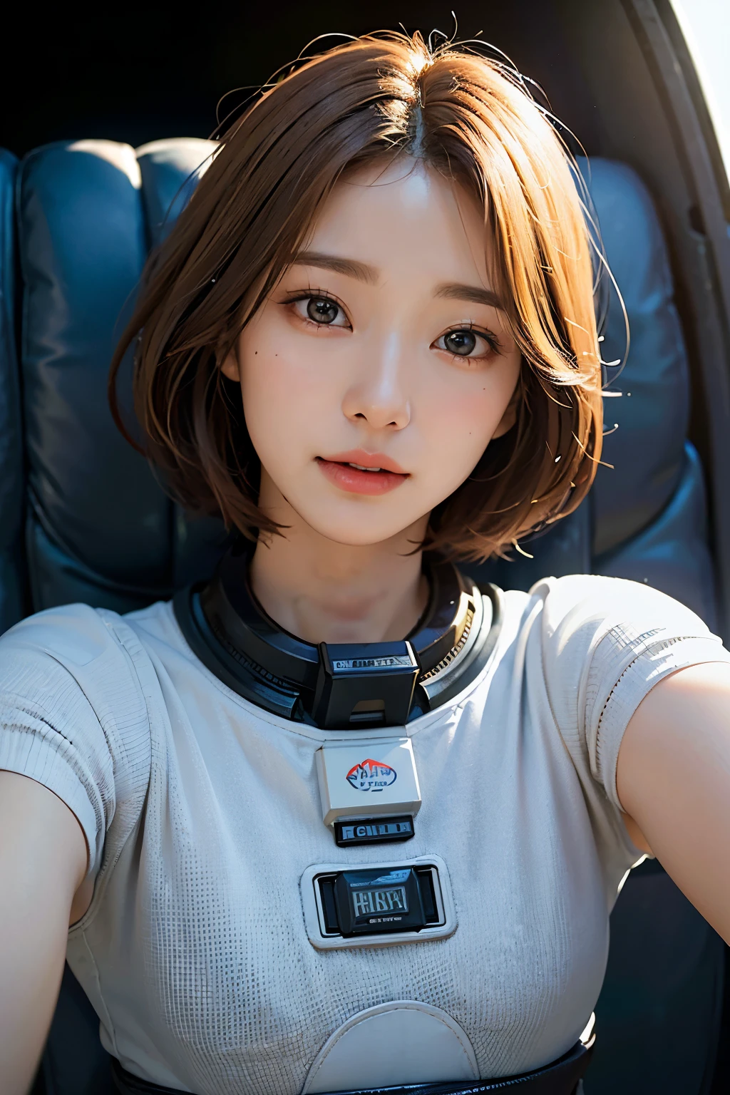 highest quality、masterpiece、Ultra-high resolution、(Real:1.4)、Beautiful woman1、Beautiful details of eyes and skin、Light brown short hair、small smile、Full space suit、Space Station、spaceship、cloudy sky、Sci-Fi Taste、Movie quality、