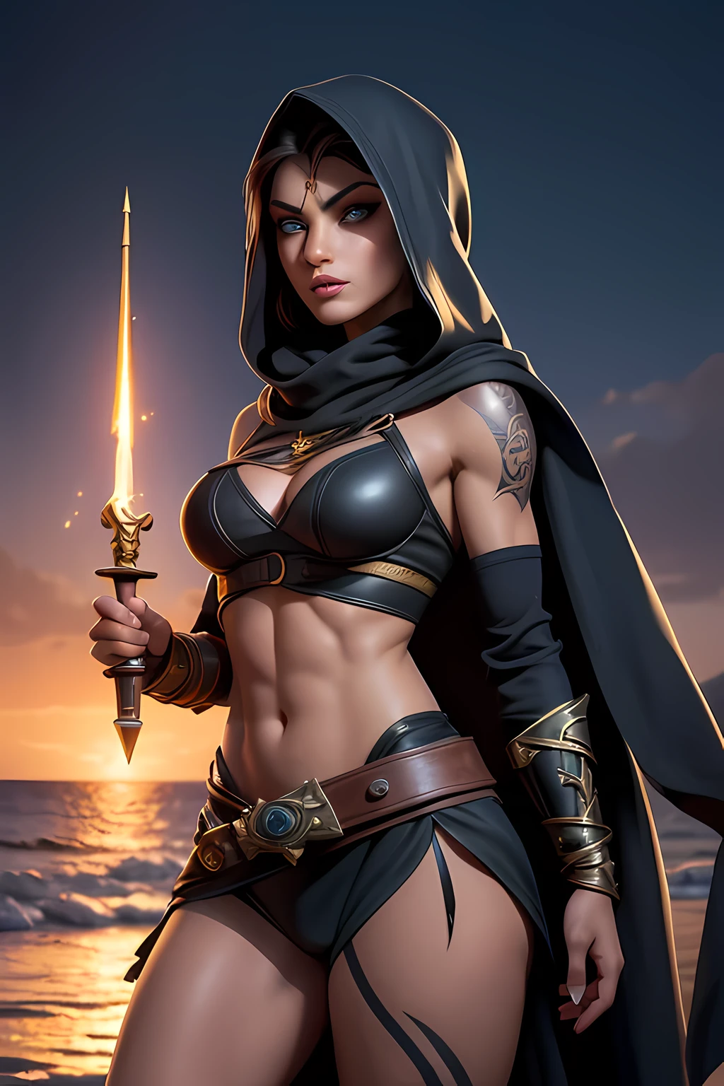 Generate an image of Princess Adanna on the beach(best quality,4k,high-res,masterpiece:1.2),physically-based rendering,ultra-detailed,realistic,vivid colors,sharp focus,studio lighting,HDR,bokeh,Seea ,Greece,ancient Greece,fantasy,action-adventure game,mythology,fierce warrior,assassin,creed,lethal,stealthy,confident,beautiful,dangerous,silent steps,leap of faith,hidden blade,hooded cloak,swirling mist,free-running,weaponry,dual-wielded daggers,intense stare,expression,seductive gaze,piercing eyes,mesmerizing,atlantic blue eyes,long eyelashes,luscious,plump lips,ruby red lips,prominent cheekbones,chiseled jawline,sculpted face,olive skin,bruises,battle scars,tattoos,body art,fit physique,toned muscles,exquisite curves,spellbinding,provocative attire,leather armor,exposed skin,sensual,alluring,steamy,erotic,unpredictability,powerful aura,dark background,shadowy setting,mysterious ambiance,soft candlelight,golden hour,moonlit night,starry sky,ominous moon,omnipotent presence,playful,temptress,deadly charm,legendary figure,heroine,empowered,defiant,mythical beauty,unstoppable force,unforgettable,embodying strength and allure.
