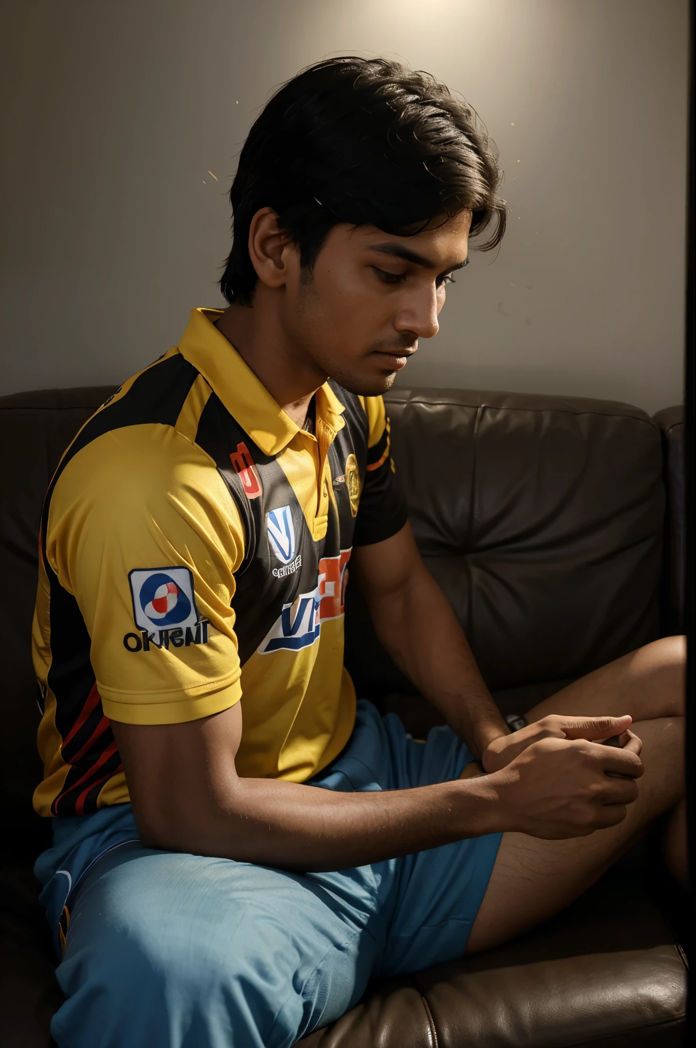 Create high quality realistic pictures for 21 years old boy wearing a Chennai IPL jersey with the name “Sujit” and the number “7” printed on it. The person is sitting on a dark surface, possibly a couch or bed, and watching IPL cricket on a large-screen television. Realistic pictures, 8k pictures,