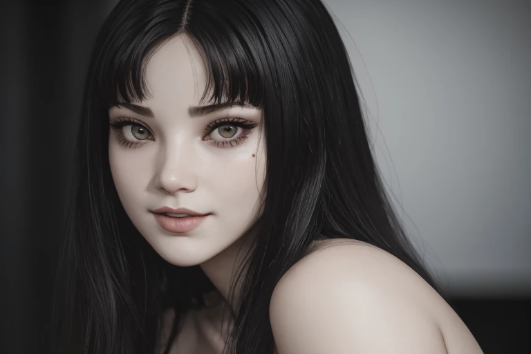 Ultra realistic, 16k, high quality, one evil naked well lit girl, succubus aesthetic, dream aesthetic, long black hair, cute bangs on the forehead, black evil eyes, bright evil eyes look, perfect nose, evil smile, pale-grey skin, grey skin, flushed cheeks, natural detailed , showing natural medium breasts, narrow waist, big hips, hot big vagina, hot sexy legs, perfect feets, creepy aesthetic, 19 years old, (beautiful natural body), professional photography of a naked woman detailed, sharp focus, dramatic, award-winning, cinematic lighting, dream aesthetic, volumetric dtx, (film grain, creepy dark school laboratory background, blurred foreground, Bokeh, depth of field, motion blur:1.3), evil cute model, 