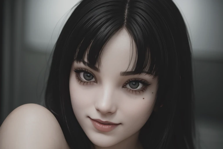 Ultra realistic, 16k, high quality, one evil naked well lit girl, succubus aesthetic, dream aesthetic, long black hair, cute bangs on the forehead, black evil eyes, bright evil eyes look, perfect nose, evil smile, pale-grey skin, grey skin, flushed cheeks, natural detailed , showing natural medium breasts, narrow waist, big hips, hot big vagina, hot sexy legs, perfect feets, creepy aesthetic, 19 years old, (beautiful natural body), professional photography of a naked woman detailed, sharp focus, dramatic, award-winning, cinematic lighting, dream aesthetic, volumetric dtx, (film grain, creepy dark school laboratory background, blurred foreground, Bokeh, depth of field, motion blur:1.3), evil cute model, 