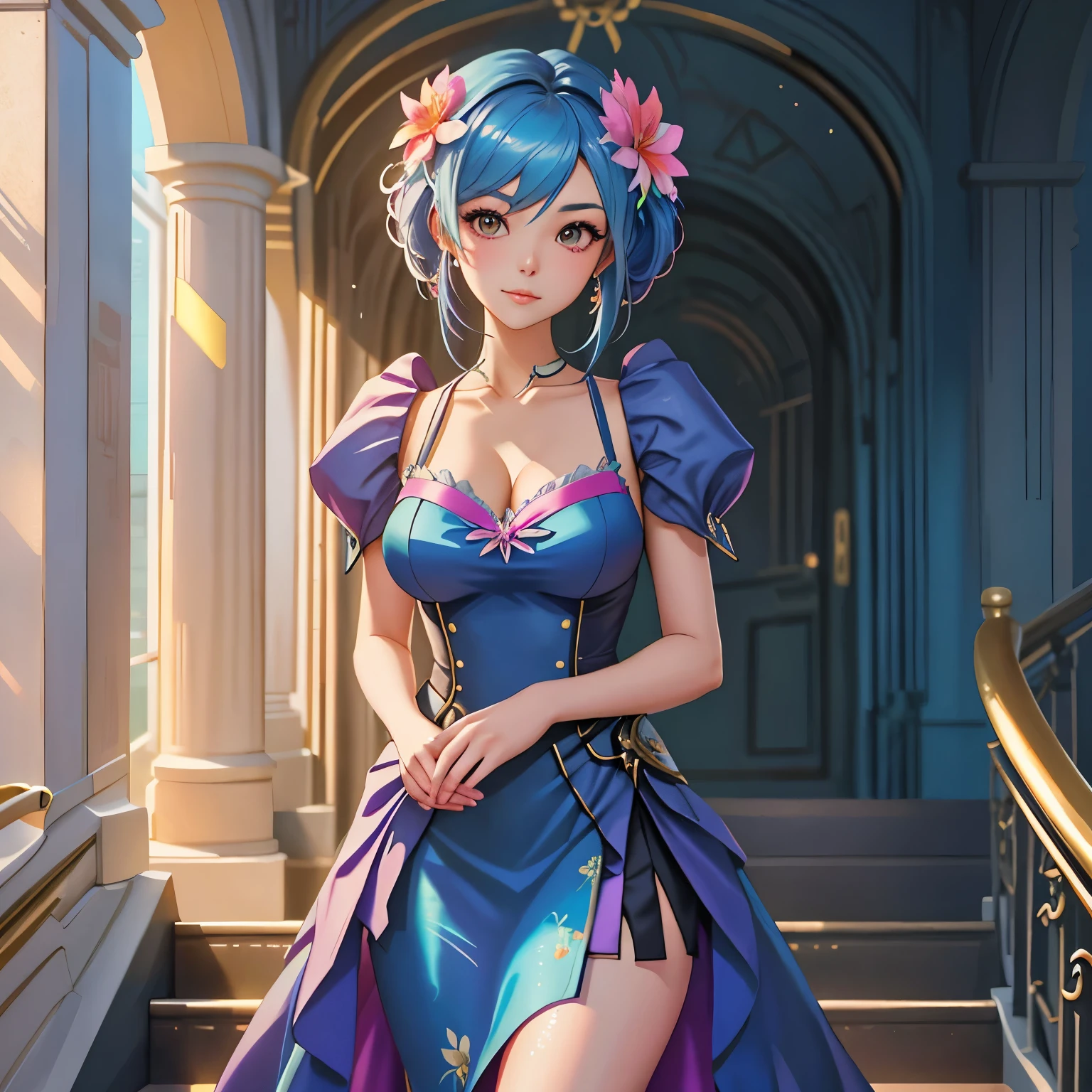 a close up of a woman in a dress standing in front of a staircase, cyberpunk art inspired by Ross Tran, trending on cgsociety, fantasy art, in the style of ross tran, :: rossdraws, rossdraws cartoon vibrant, ross tran style, rossdraws pastel vibrant, 🌺 cgsociety, digital art on pixiv, rossdraws global illumination, magical dress