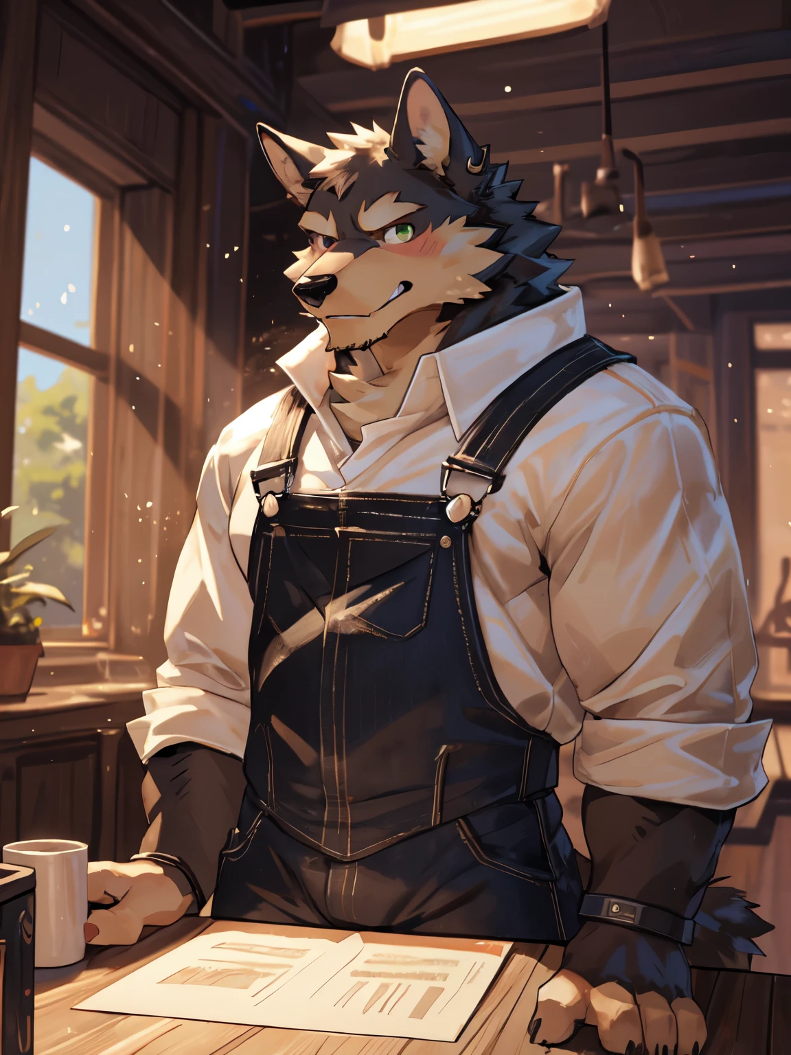 deobaed anatomy, Humanity,((White-brownChinese Pastoral Dog| White-brown | green eyes)),Chinese Pastoral Dog,(close-up),((cowboy shot)),(motion blur),first-person view,parted lips,fang,(grin),full blush,完美的green eyes,(glaring),(Holding a pen and paper),young,male,Fresh campus streets,Beast field,Muscular plump,(( Red armband on right arm,Wearing a white shirt and a green jacket with sleeves rolled up,Wearing gray-brown overalls)),bulge,(Super detailed),Sharp focus,light smile,tailed eyes,dog tail ,best qua,lity,by bebebebebe, by zackary911