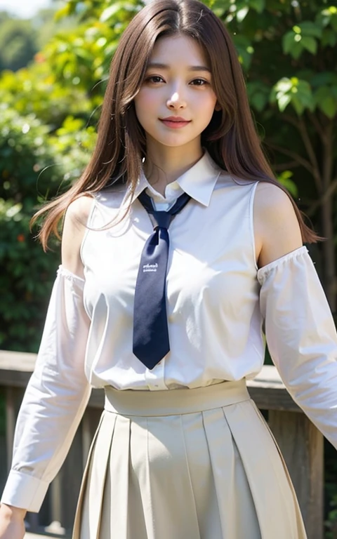 Shoulder-length straight hair sways in the wind + dress shirt, skirt,
(RAW Photos, highest quality), (Realistic, Photorealistic:1.3), masterpiece, Very delicate and beautiful, Soft Light, (brown hair, Shoulder-length straight hair sways in the wind), Beautiful detailed girl, (Detailed fingers), highly detailed eyes and face, Beautifully detailed nose, Beautiful fine details, 1 girl, Japanese, pure beauty, cute, young, smile, dress shirt, skirt, (Half Body:1.3), (Medium chest), Realistic face, Realistic body, Outdoor