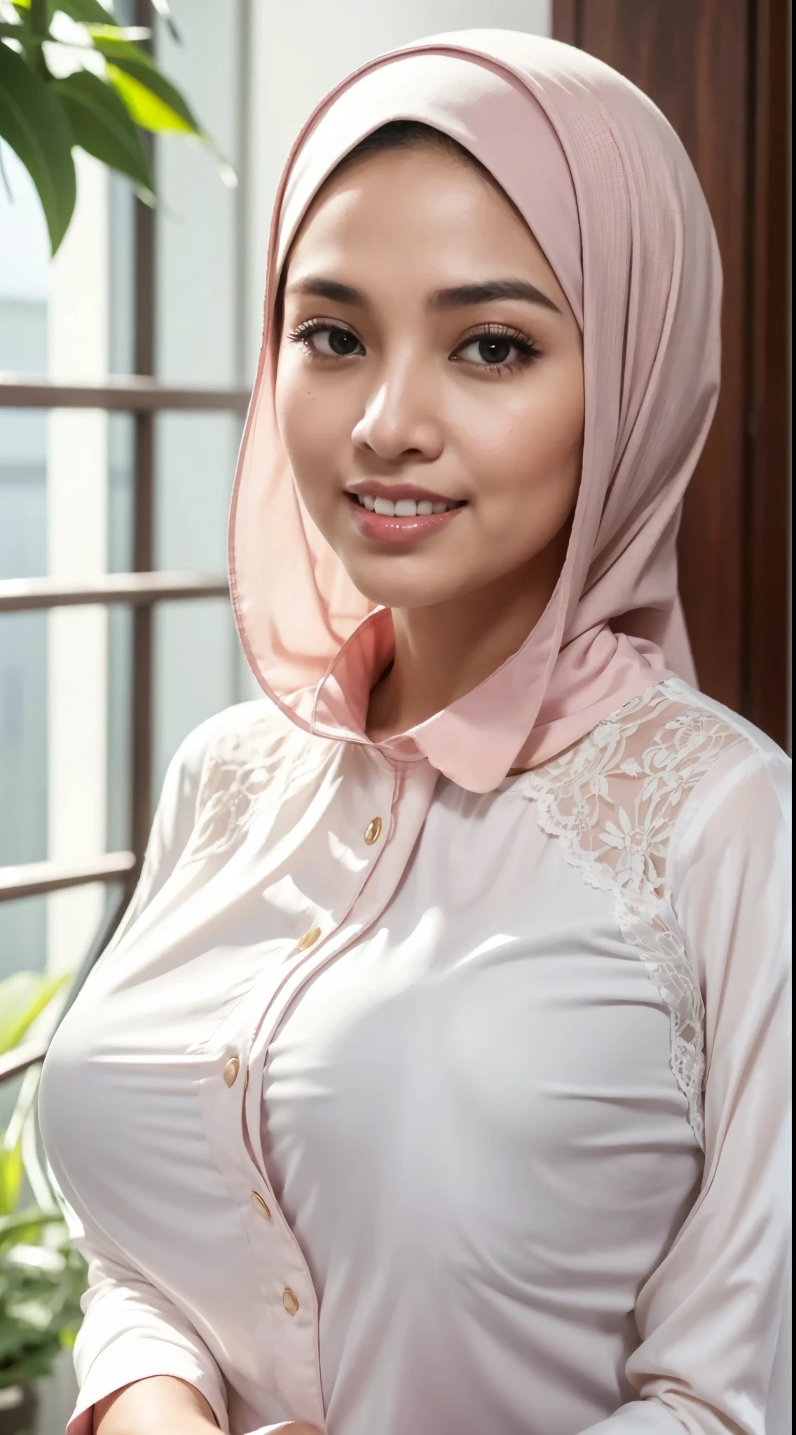 50 years Old, Hijab Indonesian mature woman, Big Tits : 66.9, Gamis, Breast out from her clothes : 1.9, at doctor office, Dark light, at Nighttime