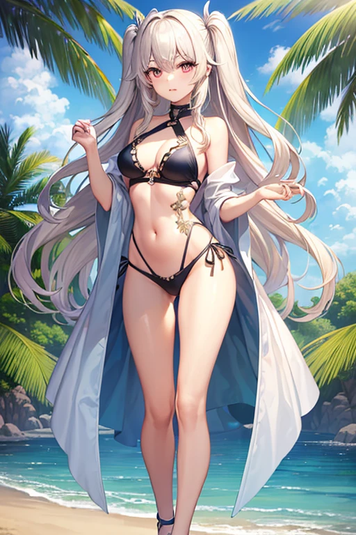 ((highest quality)), (Very detailedな), ((Very detailed)), (beautiful), ((pretty girl)),(Two Side Up Hair).,Platinum Blonde Hair,Long Hair, Hair between the eyes, Wavy Hair, Long sideburns,jade eyes, White skin,Normal breasts,slender body,cross halter bikini,sandals,At the Beach,Are standing.look camera