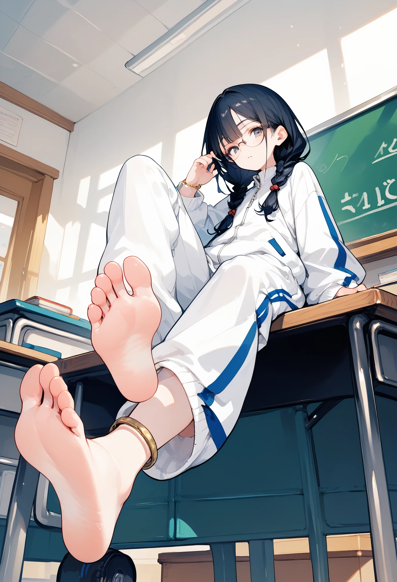 score_9, score_8_up,score_7_up,1girl,solo,black hair,baggy blue and white track suit,baggy blue and white track pants,glasses,black hair,low twin braids, ,desk,sitting on desk,foot up,barefoot,soles,foot focus,from below,anklet,bare legs,chalkboard,