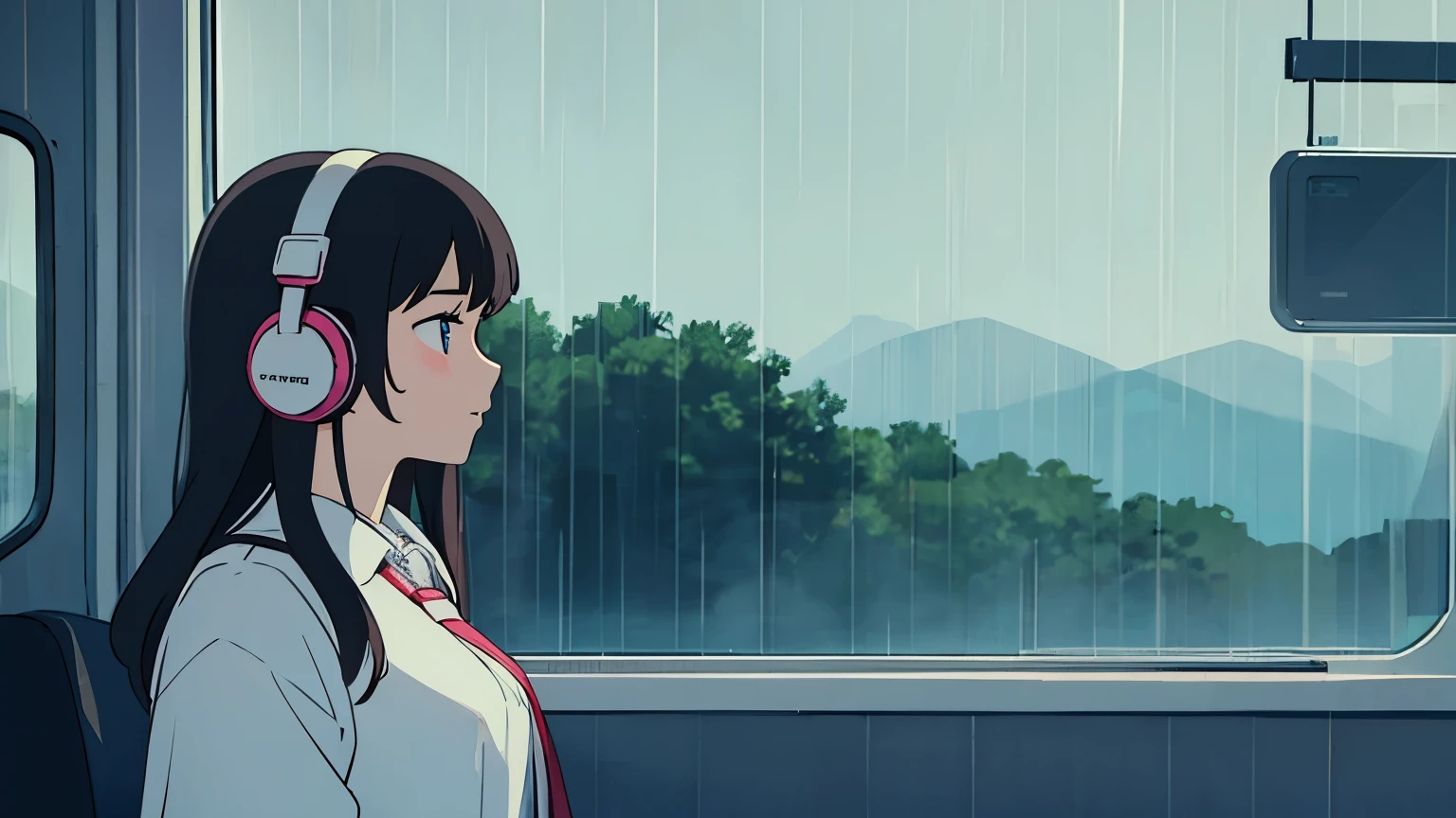 25 year old girl, listening to music in her headphones, beautiful rainy landscape outside the bus window, lofi style, ghibli style, long black hair, 4k definition, profile view, looking at the horizon, big headphones.