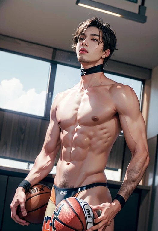(10, raw photograph, Best qualtiy, master-piece:1.2), (lifelike, photo-realistic:1.4), illustration, high-res,hexagon,(1 Boy), Black Hair,rich, rough skin;, (oval face:1.1), Professional lighting, photons mapping, radiosity, Physical display, handsome, Sexy masculinity,Wear beige underwear thong ,full ,very Large bulge,Dunk on the basketball court,