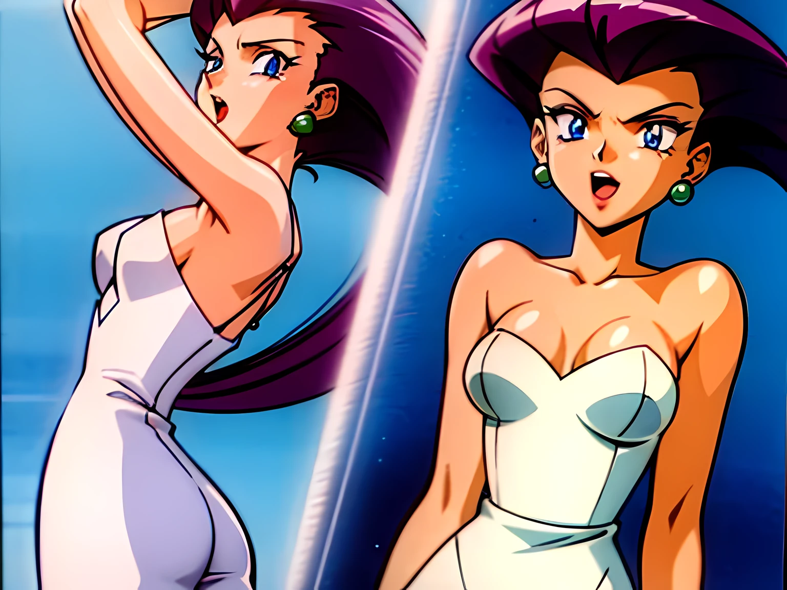 Jessie with a very short and tight white dress, Perfil view, down arms, side view, face close up, looking at rigth, low-cut dress, bare shouders, medium breasts, Open mouth, angry, jessie pokemon, hair slicked back, very long hair, purple hair, blue eyes, 1 girl, solo, 1990s style