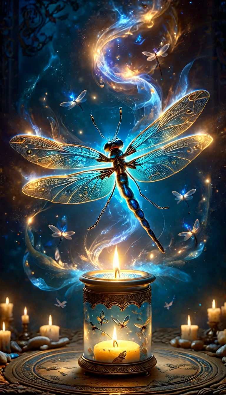 Made by AIS-RCN, 8k photo, "words, Like a dragonfly with wings of blue flame, Popping out of an antique candle, Turn thoughts into delicate works of art.", Supple, Side light, Dragonflies have two wings, one on each side、Fantastic colorful background