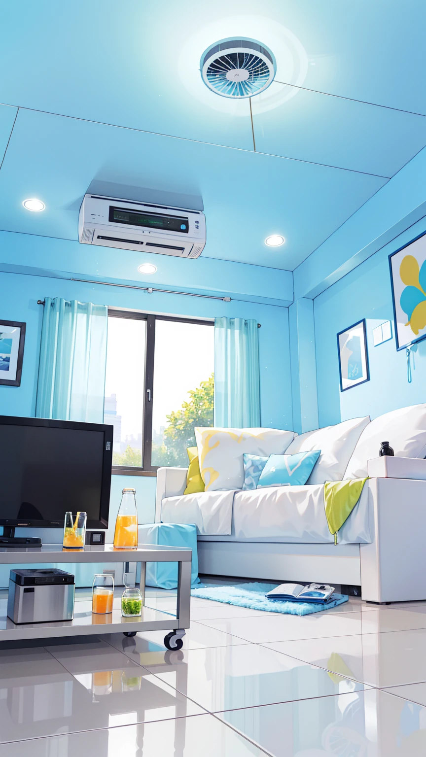 ((A girl)),While drinking juice,watch TV,(plan view),(long shot),(one point perspective),//////(Bright colors),high saturation,flat color,blue,yellow,blue,yellow,(flat color),(flat color),flat color,8k wallpaper/////in the white room/////white,(girl),(girl),a girl,(((one girl))),(((solo:1.3))),(seating on bed),light blue,blue eyes,light short hair,great body,two nice feet,(wet clothes),fan,holding pillow,Lying on the sofa,Look at the ceiling///////挂式air conditioner,(air conditioner),hunging an aircondition,ceiling,air conditioner,fan,fan/////////drinking juice////////(a television)///////coffee table,WiFi router////////cute color////////refrigerator////////(bottles on desk),Cola,Donut,shattered glass,一个桌子上有Cola,Donut,orange juice,汽water,lemon🍋,ice cubes,water