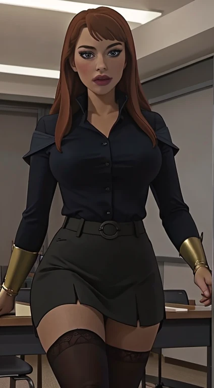 woman, ((Masterpiece, best quality)), full body view, bursting huge breasts, detailed skin, Anna from Frozen as a teacher, in class room, high heels, stockings,   Elegant teacher outfit, over the knee skirt, highly detailed, cinematic lighting, ultra realistic, blush, looking at viewer, anna, anna from movie