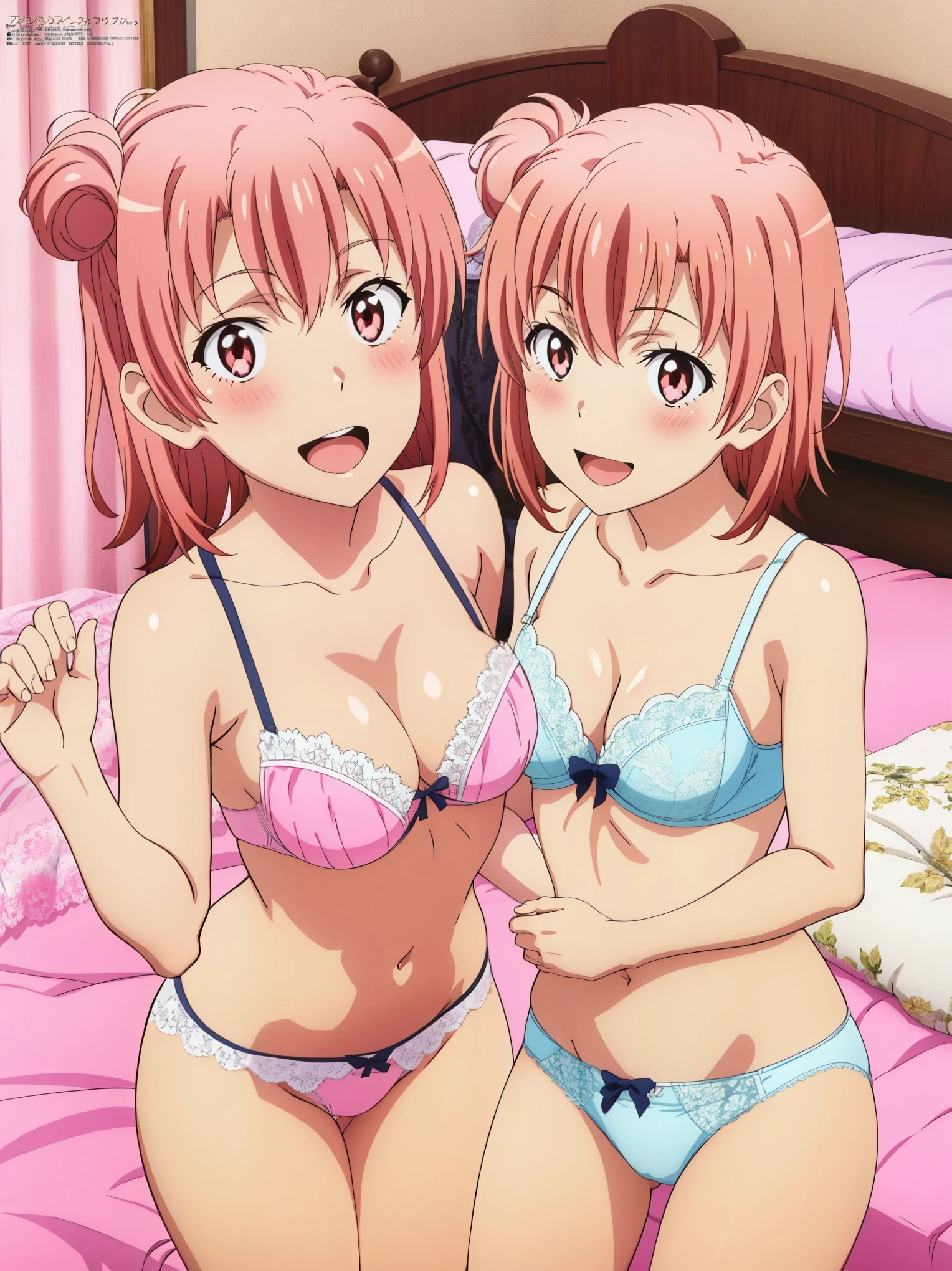 2 girls , Yukinoshita Yukino , yuigahama yui , , In underwear,Piledriver,Pink is good、Pink lace panties,Light Blue Bra,Light blue lace panties,Pussy Line,Thighs,l,The body is frontal,High angle,Open your mouth,embarrassing smile,blush,look at the camera,megami magazine,bed,