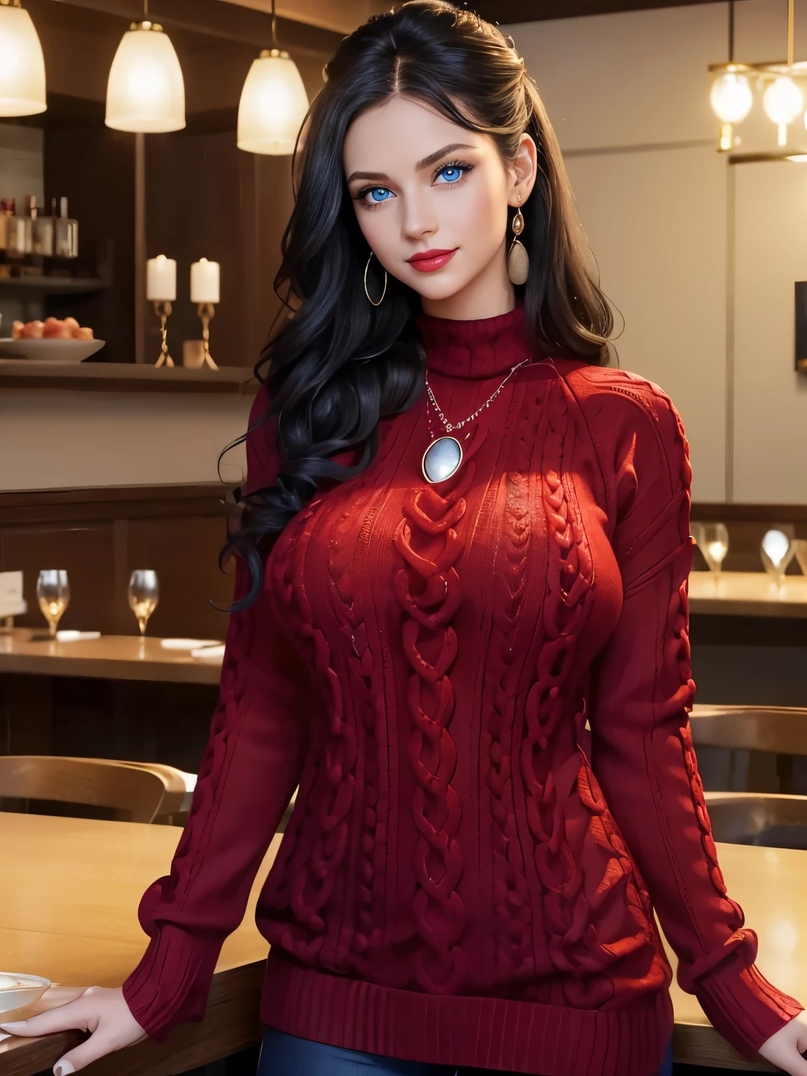 Caucasian woman; black hair, wavy hair, long hair, updo hair; blue eyes, lined eyes, ((highlight blue eyes)), shiny eyes; red lipstick, makeup, smile; athletic body, (medium breasts), nipples; ((red knitted sweater)), red sweater; earrings, necklace, bracelets; in elegant restaurant, standing, front view.
