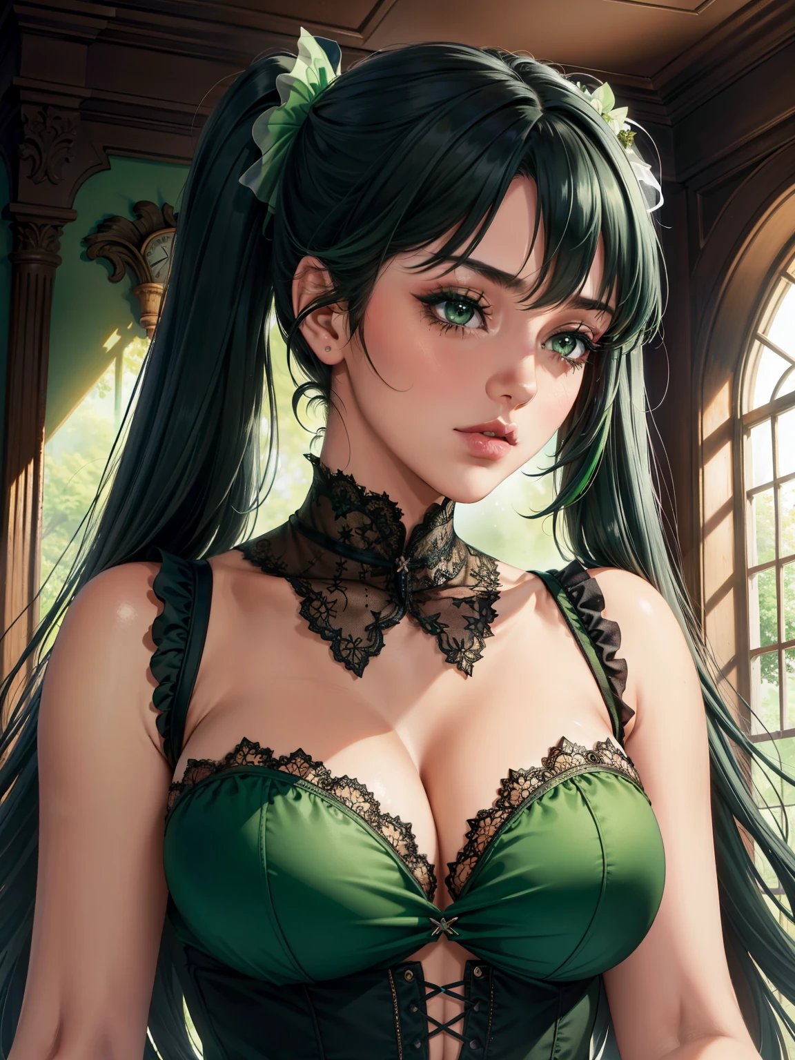 (One girl),gothic,Twin tails,Gray Hair, organza lace,Gorgeous and elaborate clothes,gothic, flight, green, (colorful), Bold, gradient blend, motion blur, shimmering texture, Dynamic configuration, Atmospheric perspective, Impressionist, , (masterpiece), (highest quality), wonderful, (Beautiful fine details), (In detail), Depth of written boundary, Highly detailed CG, original, Highly detailed wallpaper, (Vibrant colors), movie lighting,  (colorful), blush,