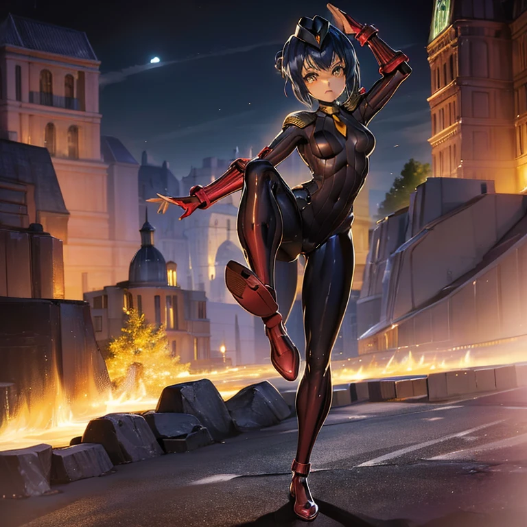 ultra-detailed, Explicit, Beautiful body, Beautiful Nose, Beautiful character design, perfect eyes, perfect face, ultra highres, 4K, beautiful legs, perfect legs, Nice hands, Perfect hand, Masterpiece, Best Quality, Highly detailed, illustration, absurdres, street fighter, doll suit, shadaloo doll, dollsuit, expressionless, blank eyes, looking at viewer, red gloves, emotionless, black latex, corrution, mind control, female combatant, full body, hypnotized, unhappy trance, full body suit, ribbed bodysuit, both arms at side, obey, perfect female body, extremely glossy latex, hypnosis, hypnoLora, empty eyes, Mind control device, poses, submissive_pose, Slave, hat, necktie, stand up straight, standing, standing at attention, hat, necktie, belt, latex, ribbed bodysuit, thighhighs, garter belt, Fighting Stance, extending the right arm from the shoulder into the air with a straightened hand,  saluting, military, military saluting, salute, thigh boots, 1girl, ahsoka_tano, orange skin, facial mark, tattoo