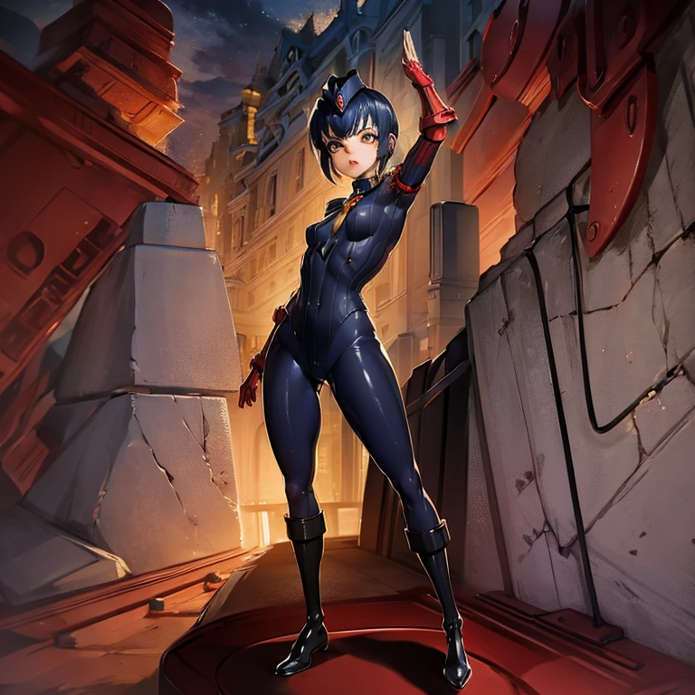 ultra-detailed, Explicit, Beautiful body, Beautiful Nose, Beautiful character design, perfect eyes, perfect face, ultra highres, 4K, beautiful legs, perfect legs, Nice hands, Perfect hand, Masterpiece, Best Quality, Highly detailed, illustration, absurdres, street fighter, doll suit, shadaloo doll, dollsuit, expressionless, blank eyes, looking at viewer, red gloves, emotionless, black latex, corrution, mind control, female combatant, full body, hypnotized, unhappy trance, full body suit, ribbed bodysuit, both arms at side, obey, perfect female body, extremely glossy latex, hypnosis, hypnoLora, empty eyes, Mind control device, poses, submissive_pose, Slave, hat, necktie, stand up straight, standing, standing at attention, hat, necktie, belt, latex, ribbed bodysuit, thighhighs, garter belt, Fighting Stance, extending the right arm from the shoulder into the air with a straightened hand,  saluting, military, military saluting, salute, thigh boots, 1girl, ahsoka_tano, orange skin, facial mark, tattoo