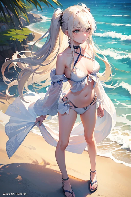 ((highest quality)), (Very detailedな), ((Very detailed)), (beautiful), ((pretty girl)),(Two Side Up Hair).,Platinum Blonde Hair,Long Hair, Hair between the eyes, Wavy Hair, Long sideburns,jade eyes, White skin,Normal breasts,slender body,cross halter bikini,sandals,At the Beach,Are standing.look camera