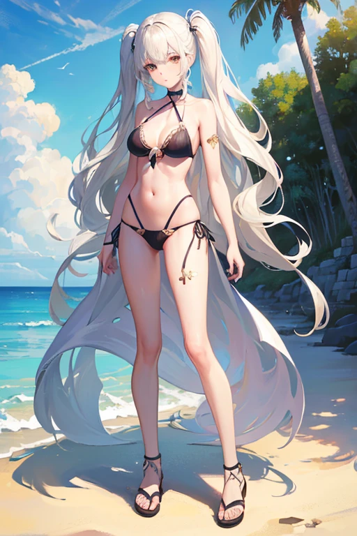 ((highest quality)), (Very detailedな), ((Very detailed)), (beautiful), ((pretty girl)),(Two Side Up Hair).,Platinum Blonde Hair,Long Hair, Hair between the eyes, Wavy Hair, Long sideburns,jade eyes, White skin,Normal breasts,slender body,cross halter bikini,sandals,At the Beach,Are standing.look camera